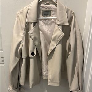 RiverIsland Cream  Cropped Trench Coat Vegan Leather Wide Lapels size Large